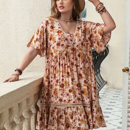 Plus Size Floral Crochet Flutter Sleeve Dress - MimiStylez