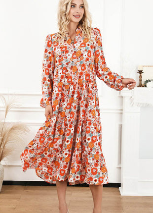 Floral Notched Neck Long Sleeve Dress - MimiStylez