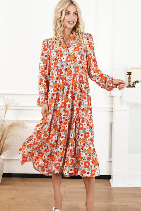 Floral Notched Neck Long Sleeve Dress - MimiStylez