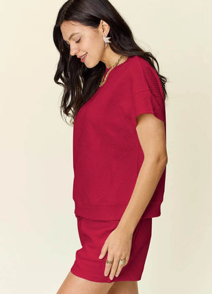 Double Take Full Size Texture Short Sleeve T-Shirt and Drawstring Shorts Set - MimiStylez
