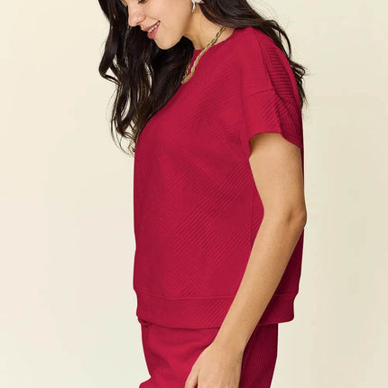 Double Take Full Size Texture Short Sleeve T-Shirt and Drawstring Shorts Set - MimiStylez