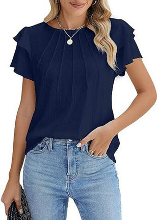 Women's Ruffle Short Sleeve Shirts Dressy Casual Crewneck Top - MimiStylez