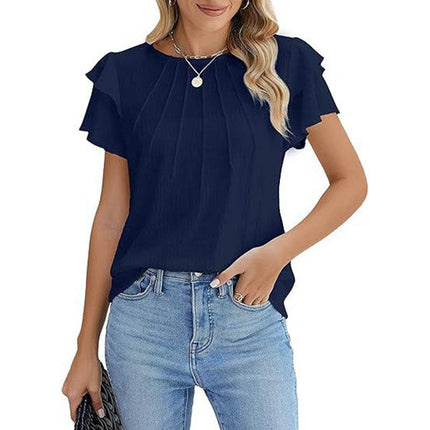 Women's Ruffle Short Sleeve Shirts Dressy Casual Crewneck Top - MimiStylez