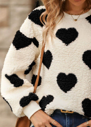 Fuzzy Heart Dropped Shoulder Sweatshirt - MimiStylez