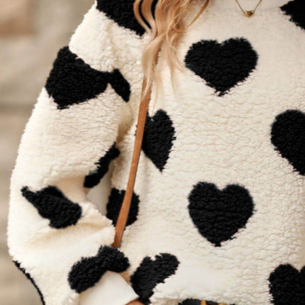 Fuzzy Heart Dropped Shoulder Sweatshirt - MimiStylez