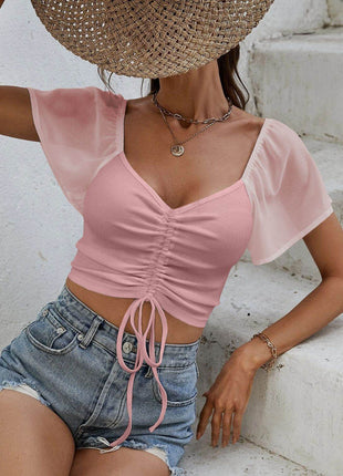 Drawstring Short Sleeve Crop Top - MimiStylez