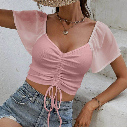 Drawstring Short Sleeve Crop Top - MimiStylez