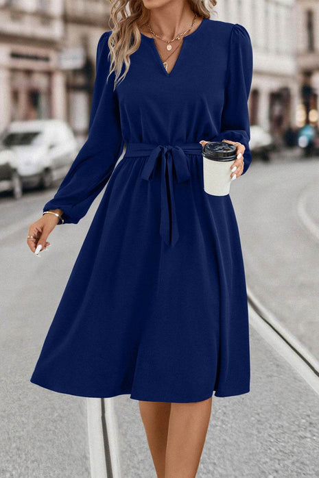 Tie Waist Notched Neck Long Sleeve Dress - MimiStylez