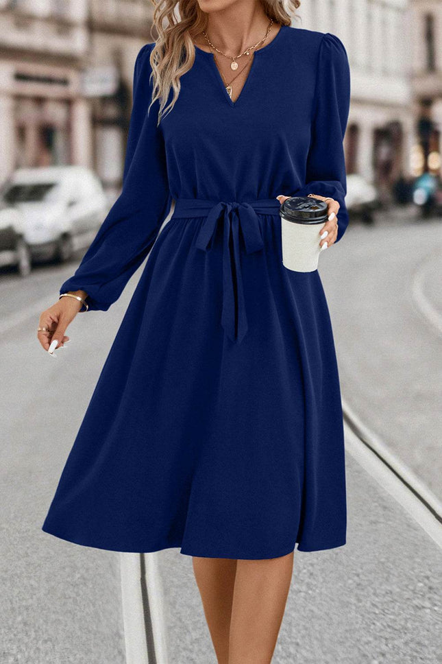Tie Waist Notched Neck Long Sleeve Dress - MimiStylez