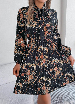 Pleated Printed Tie Neck Long Sleeve Dress - MimiStylez