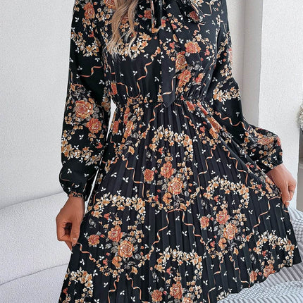 Pleated Printed Tie Neck Long Sleeve Dress - MimiStylez