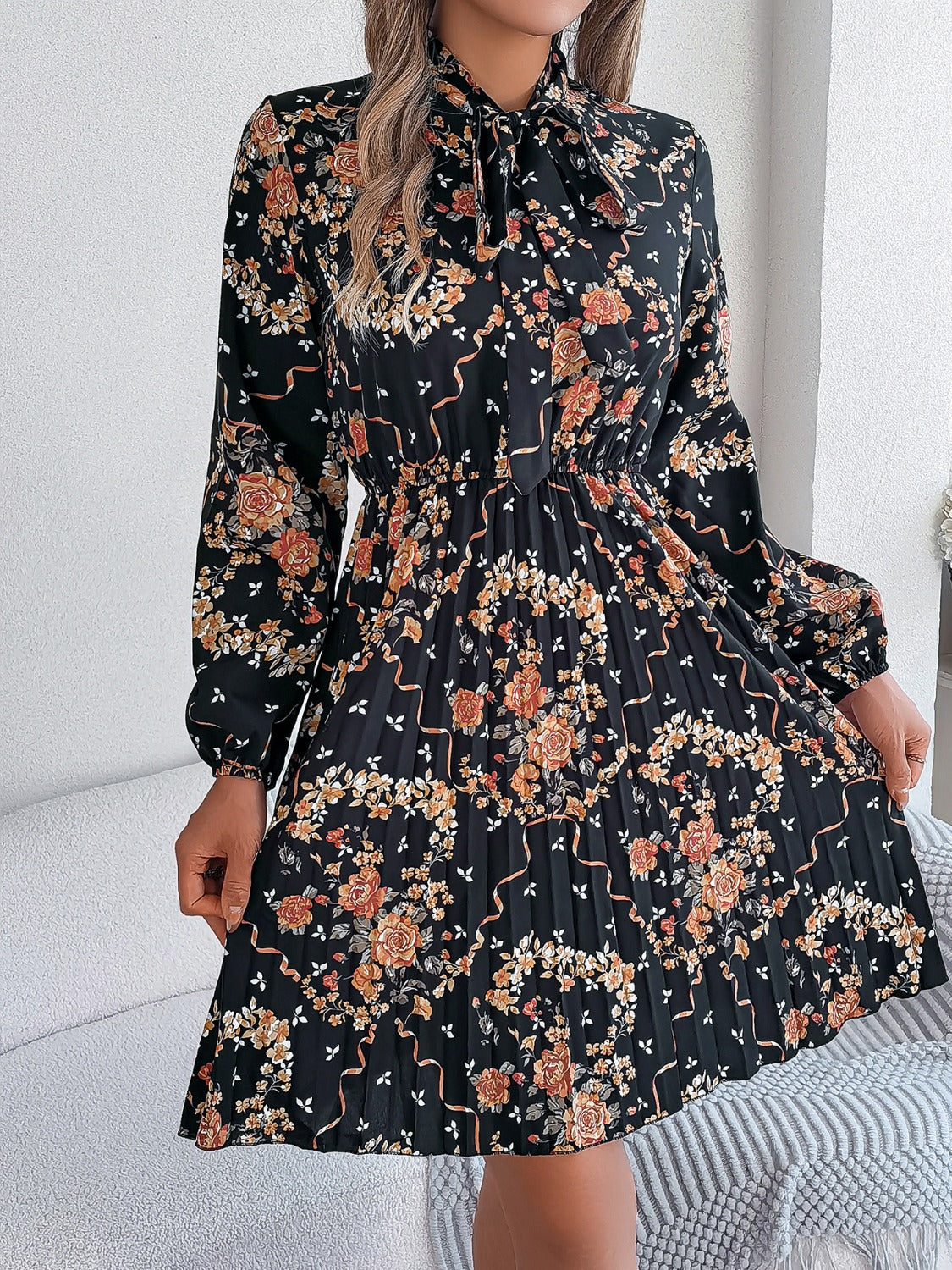 Pleated Printed Tie Neck Long Sleeve Dress