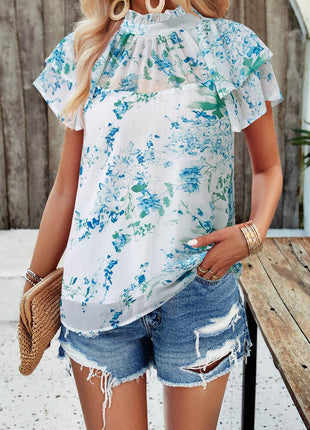 Printed Ruffled Mock Neck Blouse - MimiStylez
