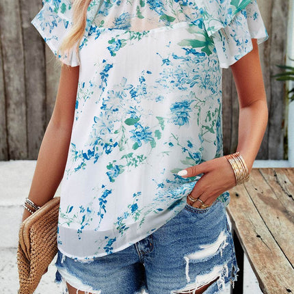 Printed Ruffled Mock Neck Blouse - MimiStylez