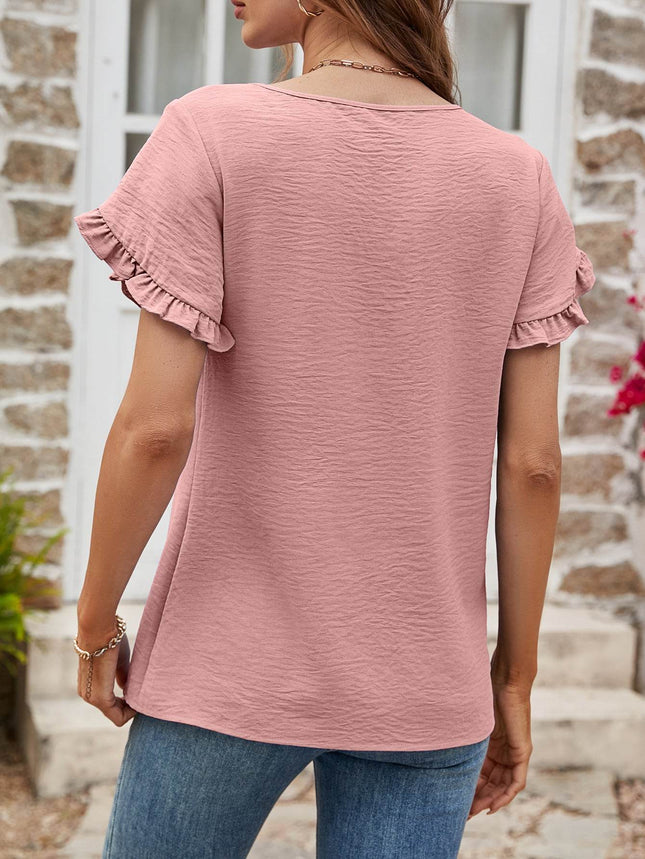 Textured Petal Sleeve Round Neck Tee - MimiStylez