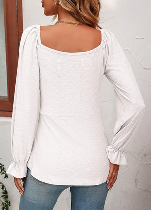 Tie Front V-Neck Puff Sleeve Blouse - MimiStylez