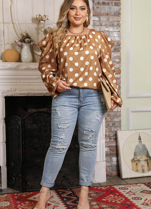 Plus Size Polka Dot Long Sleeve Blouse - MimiStylez