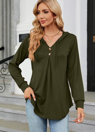 Decorative Button Drawstring Long Sleeve Hoodie - MimiStylez