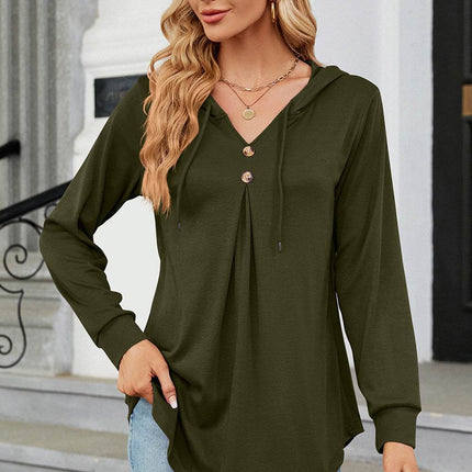 Decorative Button Drawstring Long Sleeve Hoodie - MimiStylez