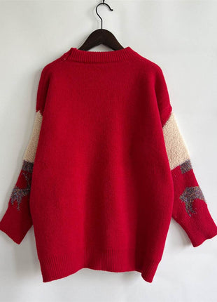 Sequin Christmas Tree & Reindeer Round Neck Sweater - MimiStylez