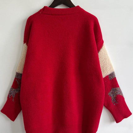 Sequin Christmas Tree & Reindeer Round Neck Sweater - MimiStylez