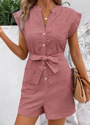 Striped Notched Tie Waist Romper - MimiStylez