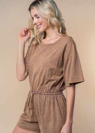 White Birch Full Size Short Sleeve Drawstring Romper - MimiStylez