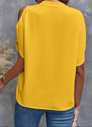 Notched Cold Shoulder Half Sleeve Blouse - MimiStylez