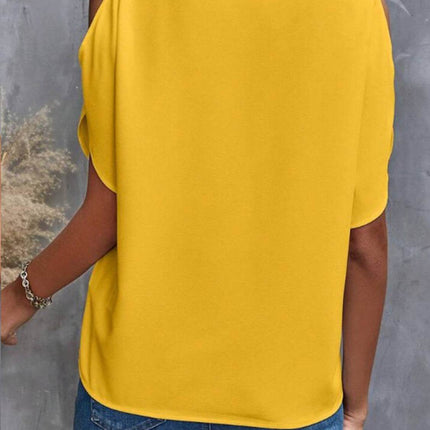 Notched Cold Shoulder Half Sleeve Blouse - MimiStylez