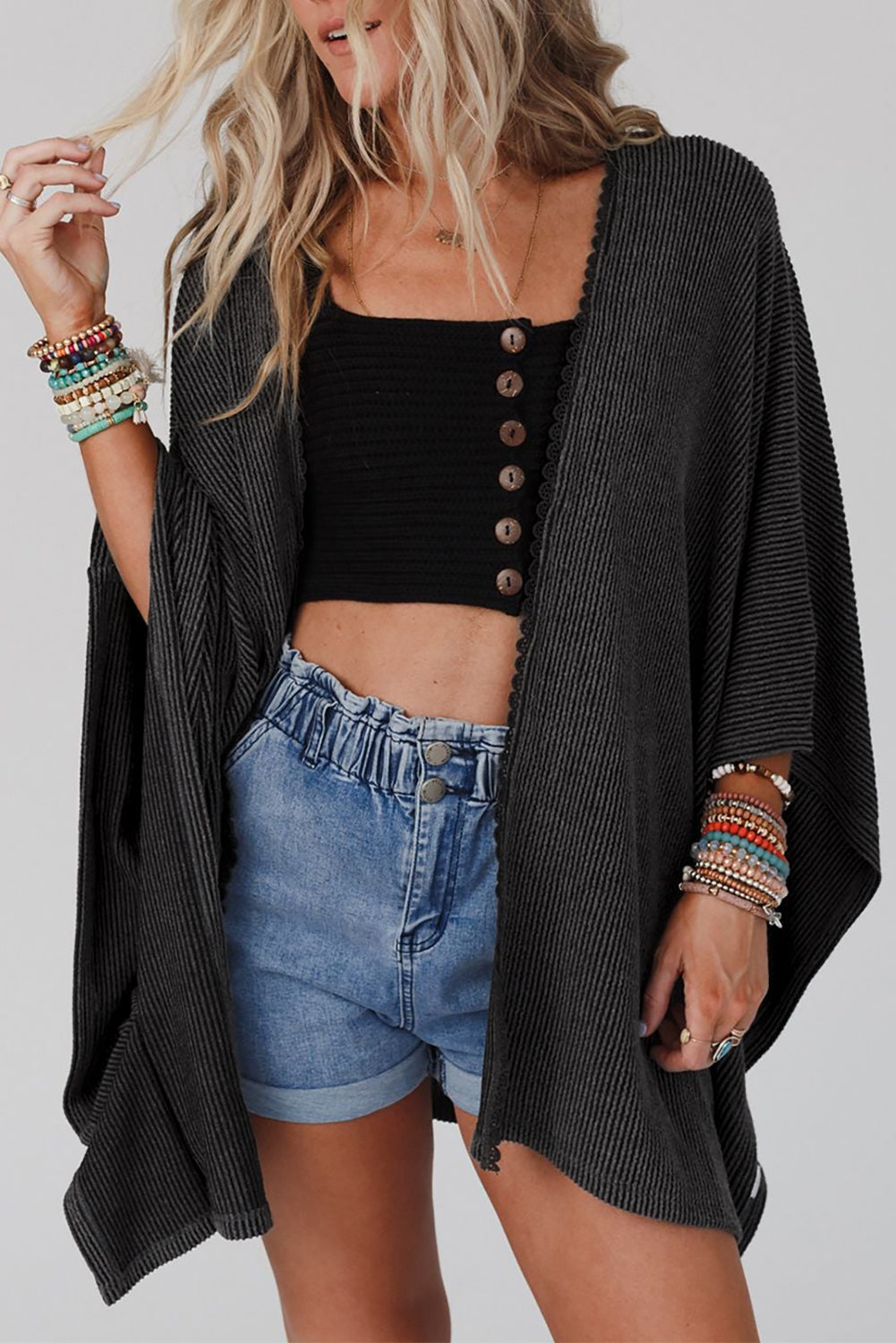 Apricot Lace Trim Ribbed Oversize Kimono