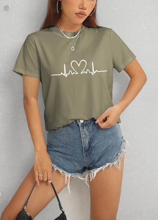 Heart Round Neck Short Sleeve T-Shirt - MimiStylez