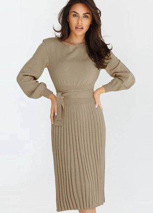Round Neck Long Sleeve Pleated Sweater Dress - MimiStylez