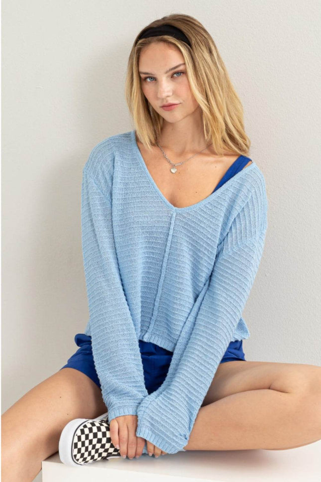 HYFVE V-Neck Stripe Texture Long Sleeve Top - MimiStylez