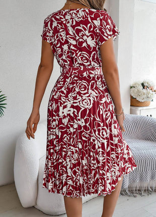 Tied Pleated Printed Short Sleeve Dress - MimiStylez