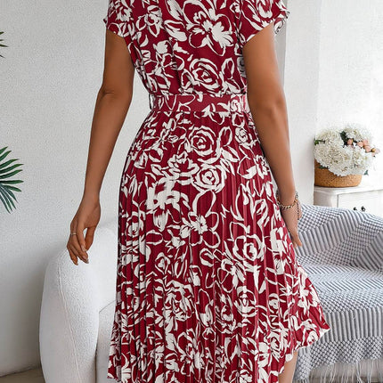 Tied Pleated Printed Short Sleeve Dress - MimiStylez