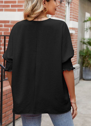 Round Neck Smocked Lantern Sleeve Blouse - MimiStylez