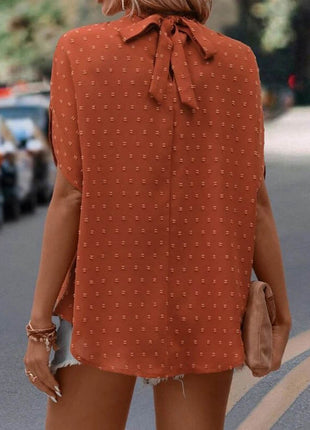 Swiss Dot Mock Neck Half Sleeve Blouse - MimiStylez