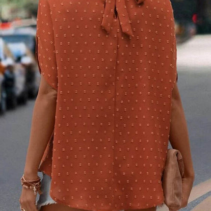 Swiss Dot Mock Neck Half Sleeve Blouse - MimiStylez