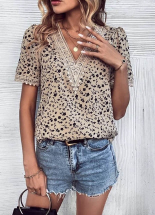 Full Size Printed V-Neck Short Sleeve Blouse - MimiStylez