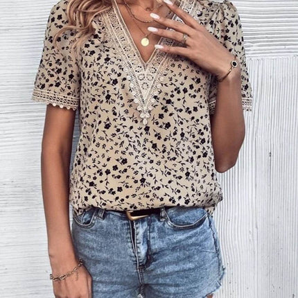 Full Size Printed V-Neck Short Sleeve Blouse - MimiStylez