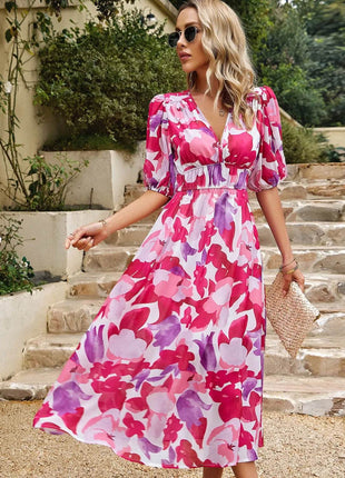 Printed Puff Sleeve Midi Dress - MimiStylez