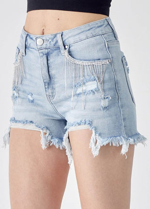 RISEN Frayed Hem Denim Shorts with Fringe Detail Pockets - MimiStylez