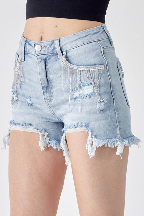 RISEN Frayed Hem Denim Shorts with Fringe Detail Pockets - MimiStylez