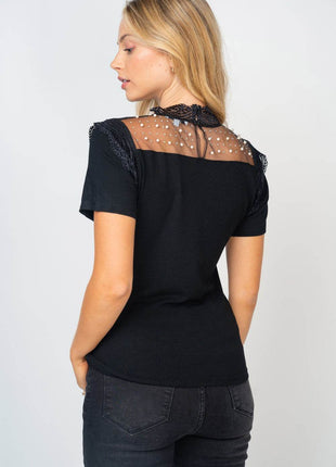 White Birch Mesh Pearl Detail Short Sleeve T-Shirt - MimiStylez