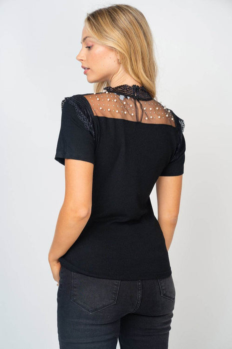 White Birch Mesh Pearl Detail Short Sleeve T-Shirt - MimiStylez