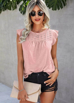 Ruffled Round Neck Cap Sleeve T-Shirt - MimiStylez