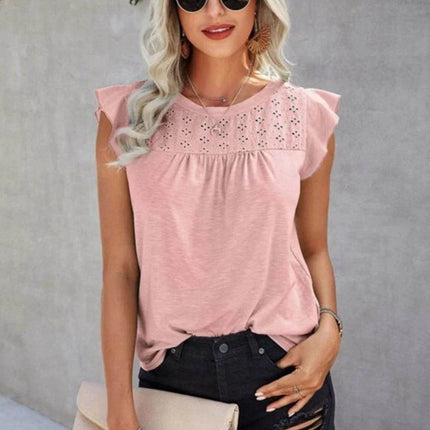 Ruffled Round Neck Cap Sleeve T-Shirt - MimiStylez