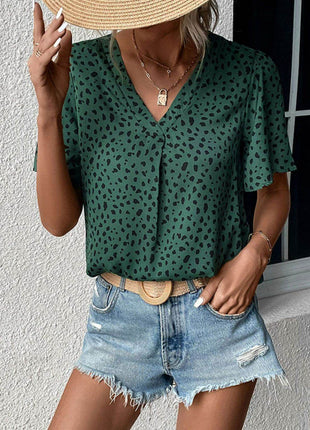 Animal Print V-Neck Flutter Sleeve Blouse - MimiStylez