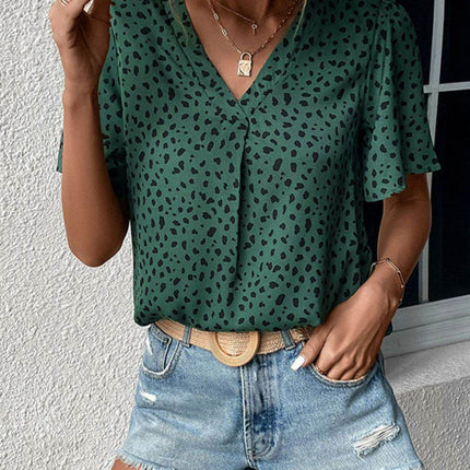 Animal Print V-Neck Flutter Sleeve Blouse - MimiStylez