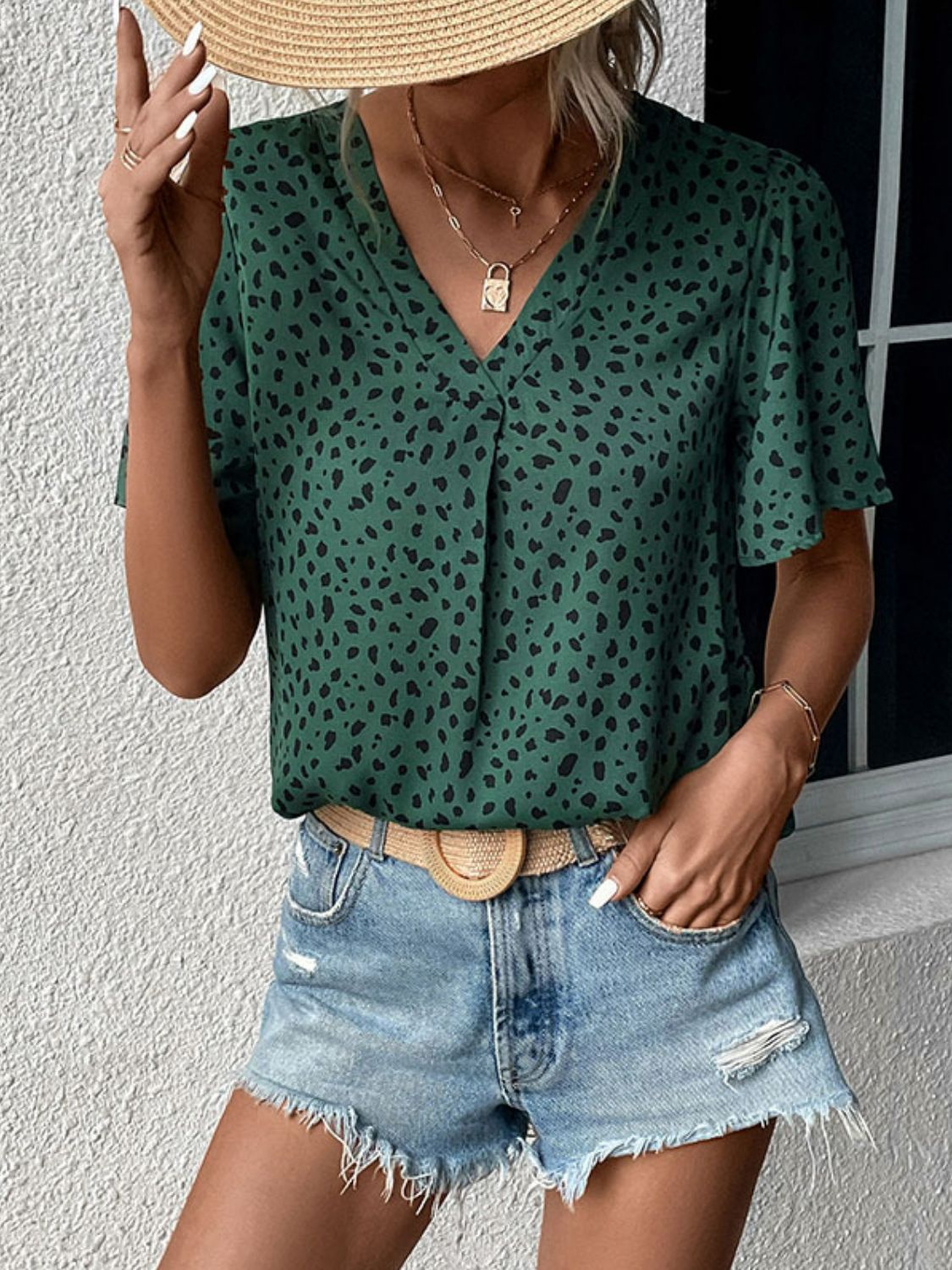 Animal Print V-Neck Flutter Sleeve Blouse